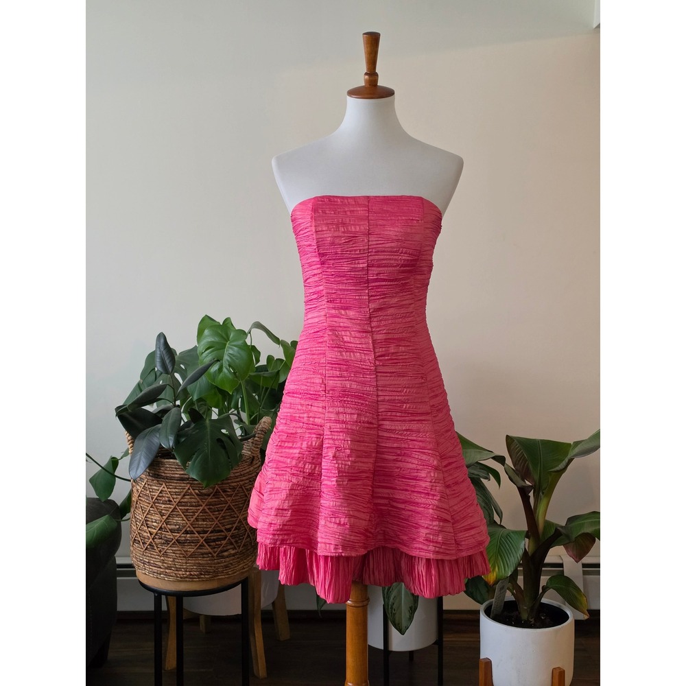 VTG Jessica McClintock Pink Strapless Pleated Ruffle Cocktail Dress 10P Made USA